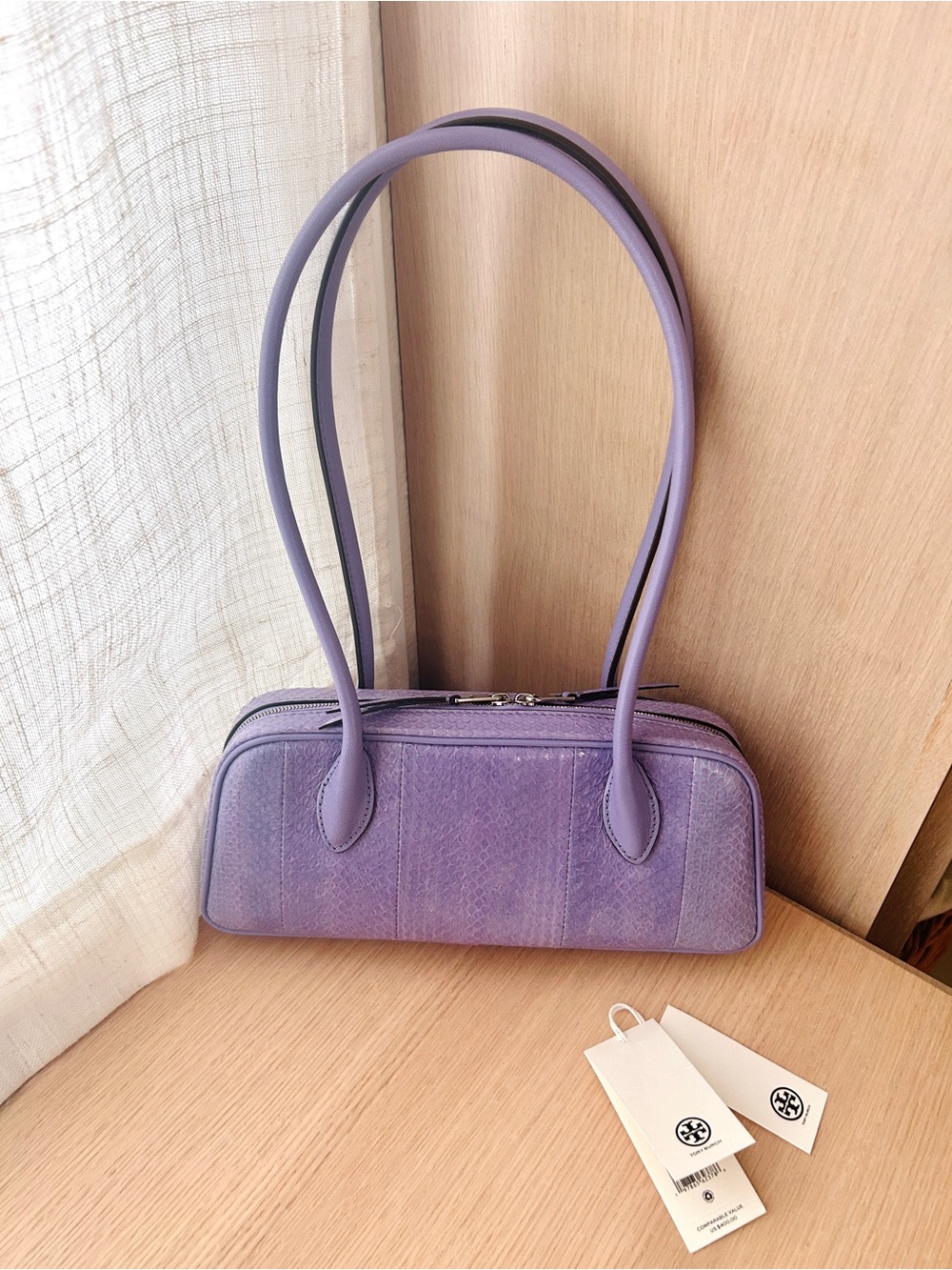NWT💟Tory Burch Embossed Box Satchel Shoulder Bag Snake Leather Purple 181102 - Picture 5 of 7